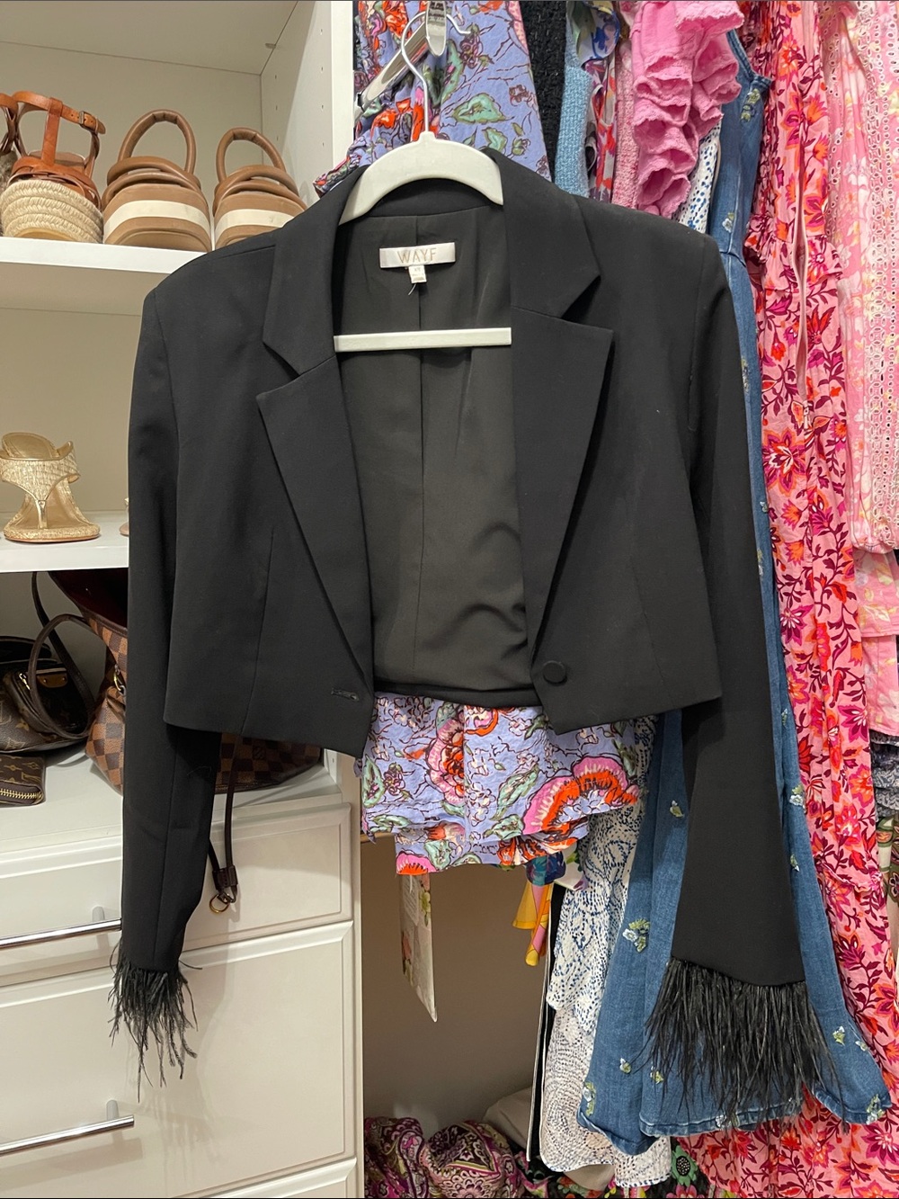Wayf Black Cropped Blazer with Feather Trim Cuffs